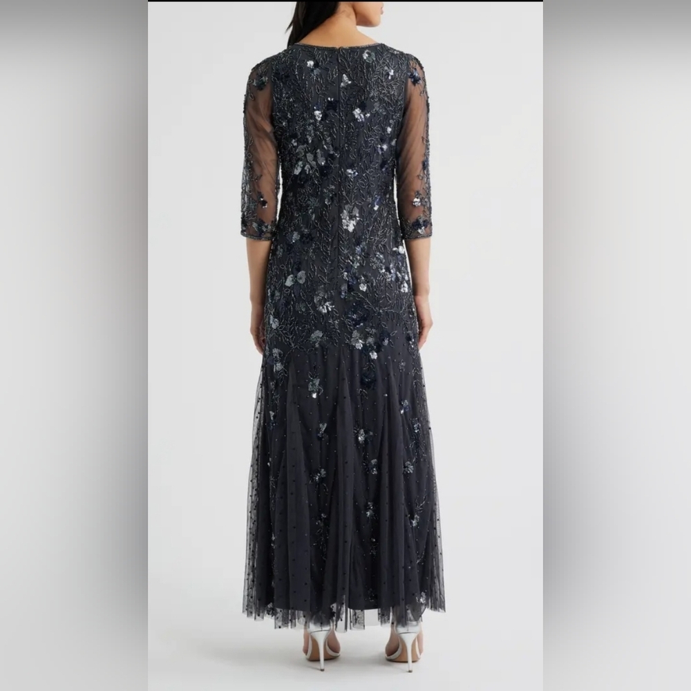 Size 6 -Pisarro Nights Elegant Beaded Gloral Embellished Grey Evening Gown Dress - Picture 2 of 9